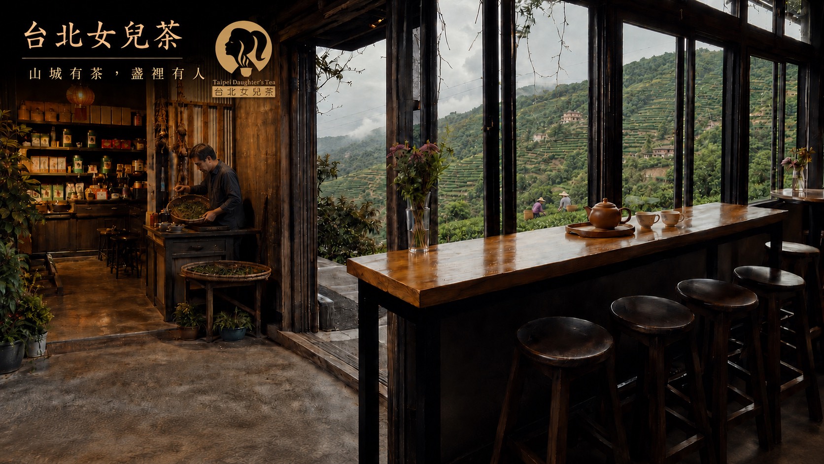 台北女兒茶商家形象圖:茶館空間與窗外山景